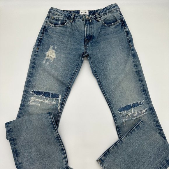 Frame Blue Low Rise Boot Cut 'The Pixie' Jeans 100% Cotton Distressed Patchwork - Picture 1 of 14